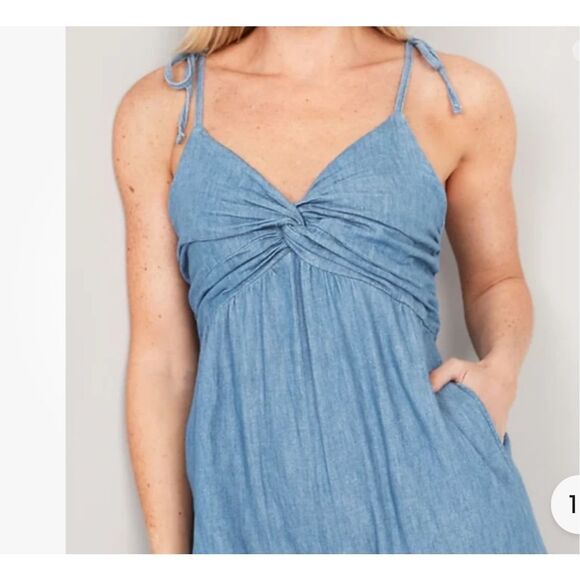 Old Navy Tie Shoulder Denim Twist Front Jumpsuit smocked back Blue size S NWT - Picture 2 of 9